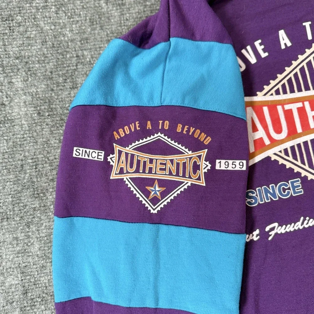 Authentic Sweatshirt Mens Small Purple Blue‎ Striped Crewneck Graphic Pullover